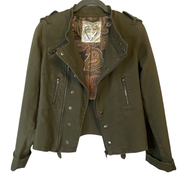 Love Stitch Olive Green Moto Structured Zipper Button Cotton Utility Jacket SZ M - Picture 1 of 12
